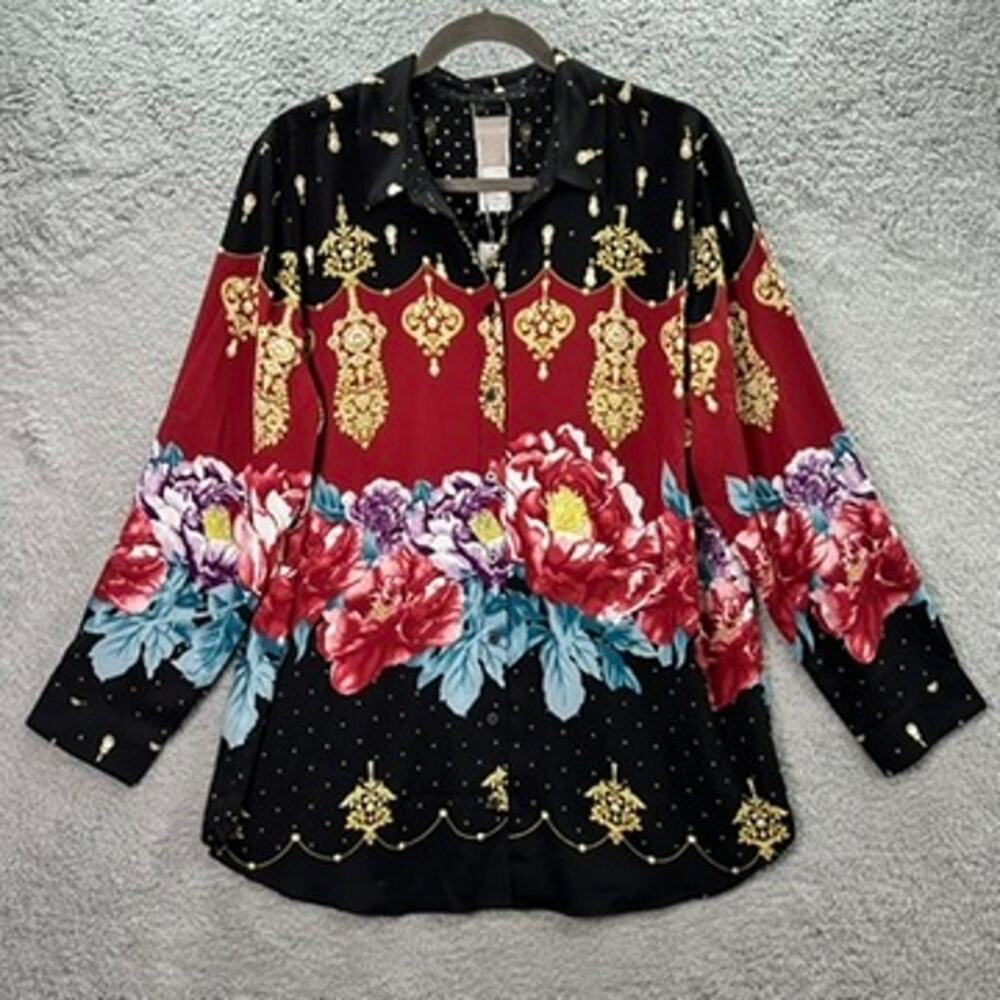Chico's Size 3/XL NWT Rose‎ Pearl Reversible Long Sleeve Button Up Blouse Flowy